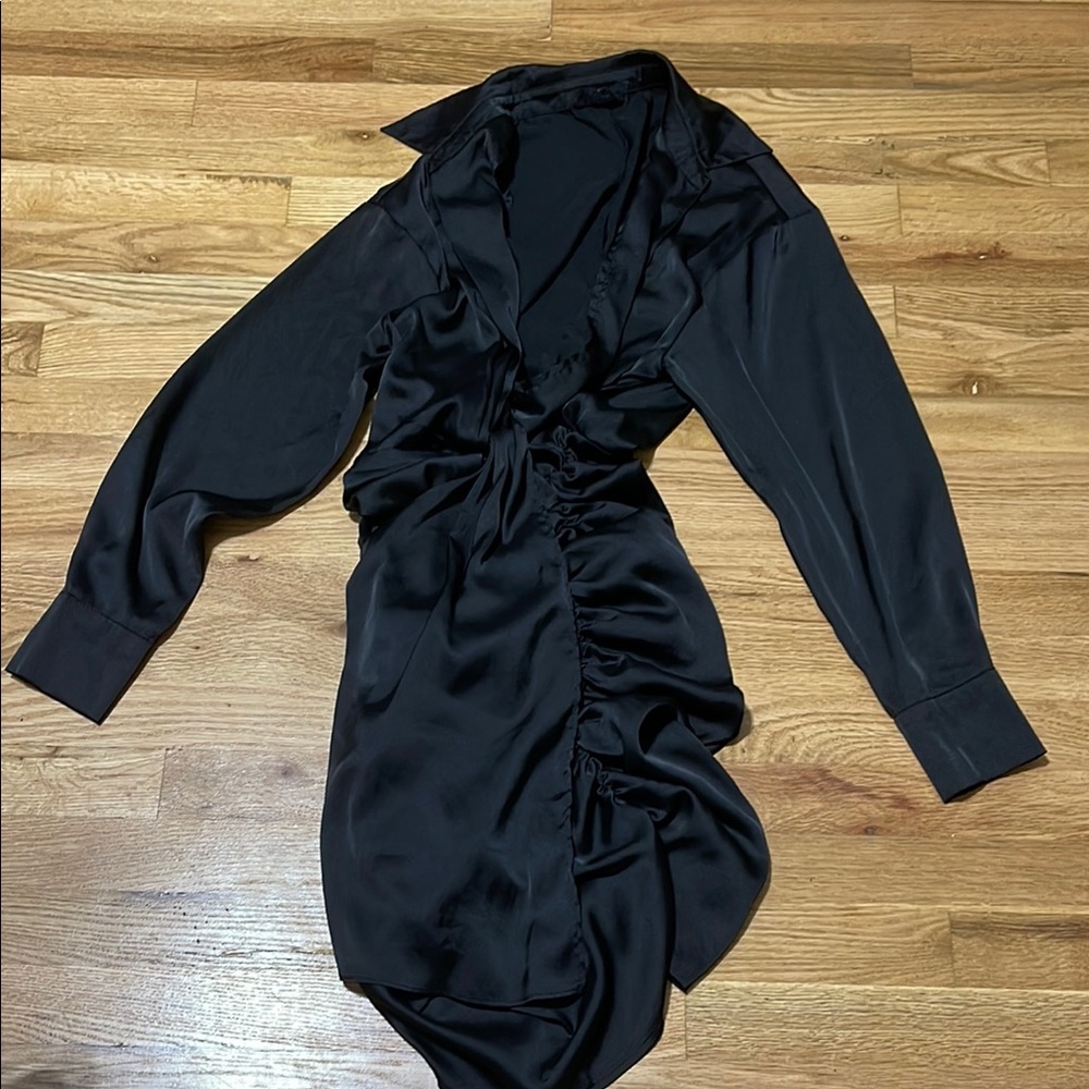Black Asymmetrical Wrap Dress with Bishop Sleeves